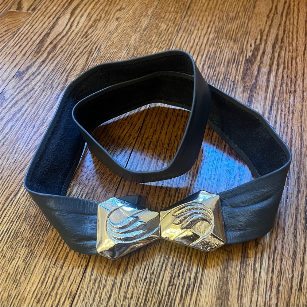 Vintage 90s Gray Genuine Leather Golden Chunky Buckle Belt Size Small/Medium